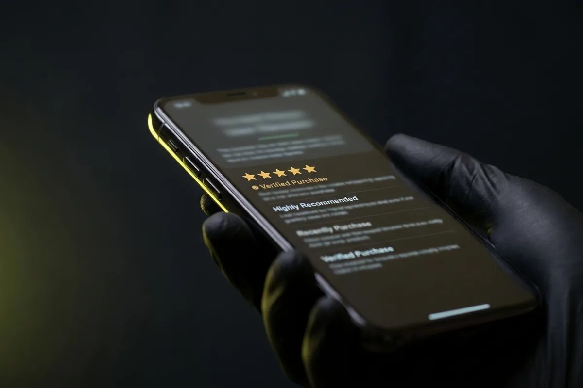Bir ürün sayfasında beş yıldızlı değerlendirmeleri gösteren telefon