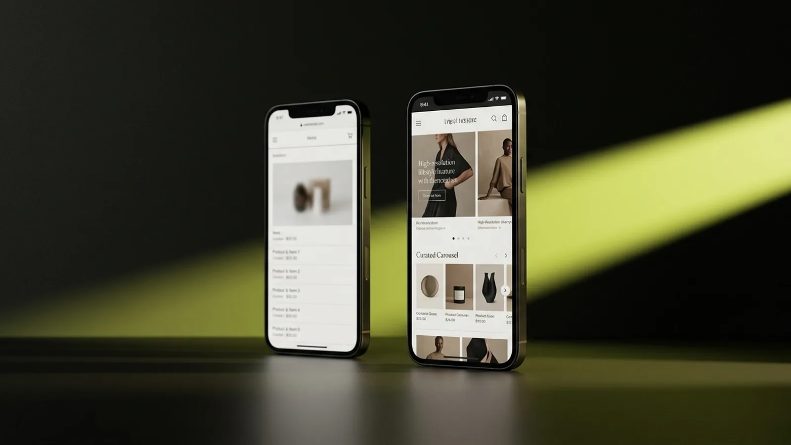 Aynı e-ticaret mağazasının sade ve premium iki versiyonunu karşılaştıran sahne